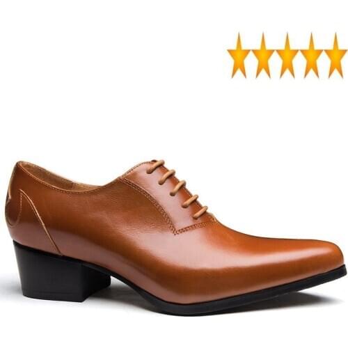 Dress Business England Style Men Pointed Toe High Heel Real Leather Luxury Lace Up Brown Oxford Formal Shoes Male