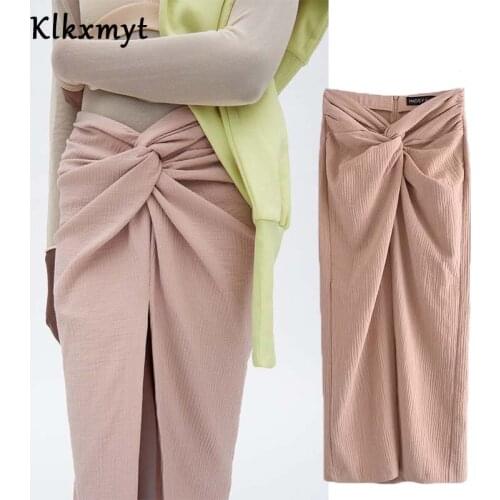 Klkxmyt Za Skirts Women 2021 Fashion Textured Knot High Waist Elegant A Line Midi Skirt Faldas Mujer Female Side Zipper Split