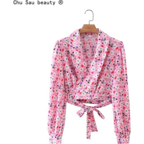 2021 French Puff Sleeve Floral Summer Lace-Up Waist Peter Pan Collar Prairie Chic Top Sweet Short Blouse Women