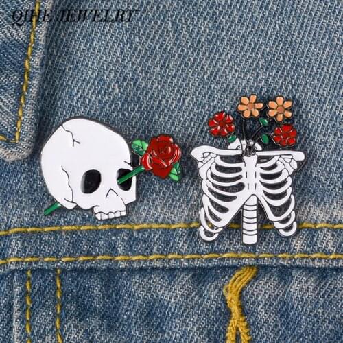 QIHE JEWELRY Red Rose Skull Pins Rose in Eye and Skeleton Goth Romance Brooches Punk Enamel Pins Gothic Jewelry