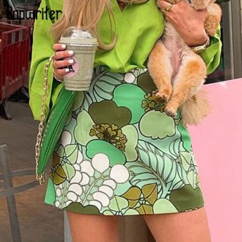 Hand-Painted Green Y2k Skirt Girls Summer Chic Fashion 2021Floral Printed High-Waisted Mini Skirts For Women Casual Streetwear