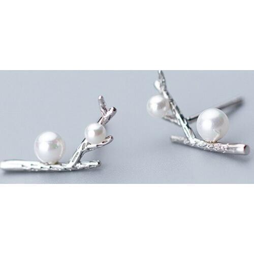 MloveAcc Authentic 925 Sterling Silver Shell Pearl Stud Earrings for Women Tree Branch Earring Jewelry Bijoux