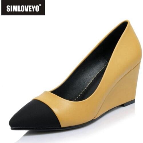 SIMLOVEYO 2021 Ladies Romantic Pumps Concise Slip On Party Pointed Cap Toe Patchwork 7.5CM Wedges Size 32-42 Black Yellow A4466