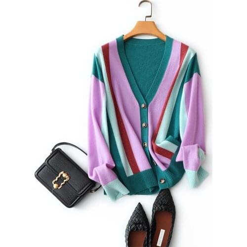 New style womens spring autumn casual v neck cardigan knitted coat high quality 100% cashmere cardigan female fashion knitwear