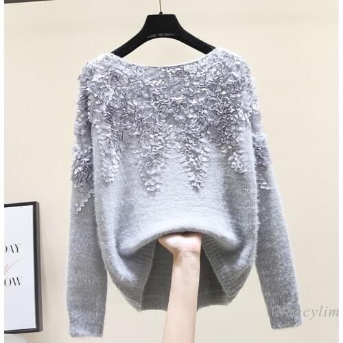 Pink Flower Sweater Womens 2021 Spring Autumn Loose Off Shoulder Mohair Pullover Knit Top Ladies Pull Nancylim
