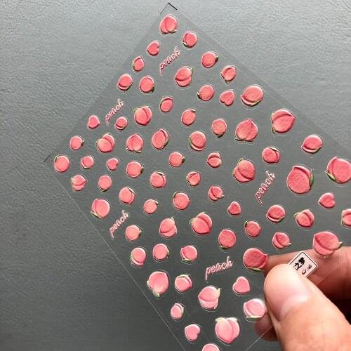 1 Sheet Honey Peach 5D Soft Reliefs Embossed Adhesive Nail Art Sticker Red Cherry 3D Nail Art Decorations Nail Decals Wholesale