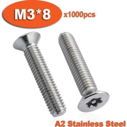 1000pcs DIN7991 M3 x 8 A2 Stainless Steel Torx Flat Countersunk Head Tamper Proof Security Screw Screws