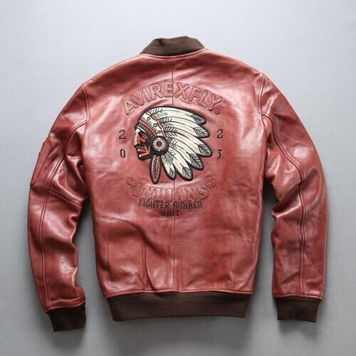 AVIREXFLY 2020 New Men Indian skull Embroidery Genuine Leather Jacket Fashion Thick Goatskin Air Force Slim Fit A1 Pilot Jackets