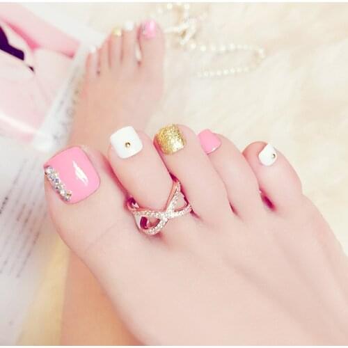 24 Pcs Shiny Artificial False Toenails Lovely Cherry Fake Toe Nail Tips For Manicure Full Cover Press On Nails