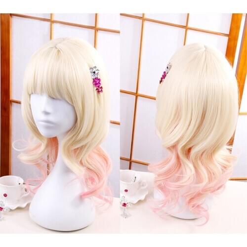 Diabolik Lovers Cosplay Wig Komori Yui Blonde Mixed Pink Curly Heat Resistant Synthetic Hair Cos Wigs + Headwear Hairpin + cap