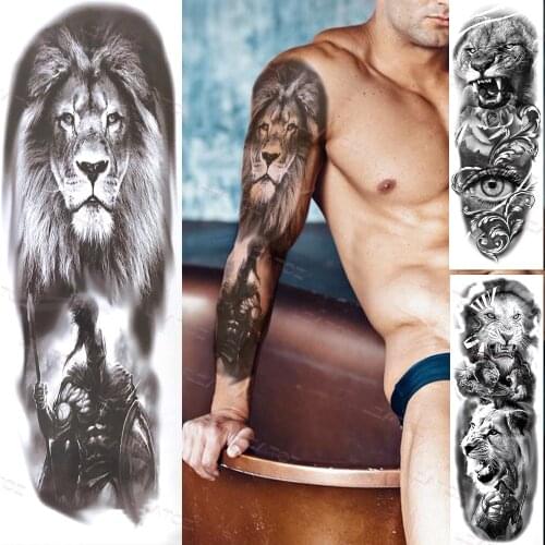 Lion King Gladiator Warrior Temporary Tattoos Sleeve For Women Men Adult Eye Full Arm Tattoos Sticker Black Animal Fake Tatoos