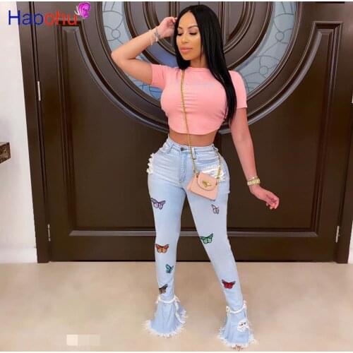 HAOOHU MID Waist Jeans Women Flare Jeans Butterfly Print Skinny Ripped Pants Bell Bottom Leggings Overalls Trousers