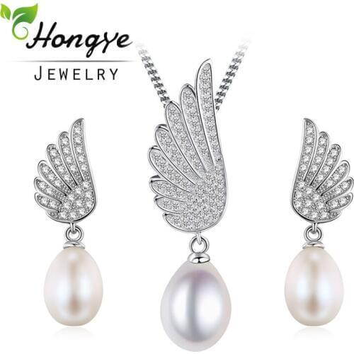 Hongye Angels Wings Necklace& Earring 100% Natural Freshwater Pearl Jewelry Sets For Women Elegant Vintage 925 Sterling Silver