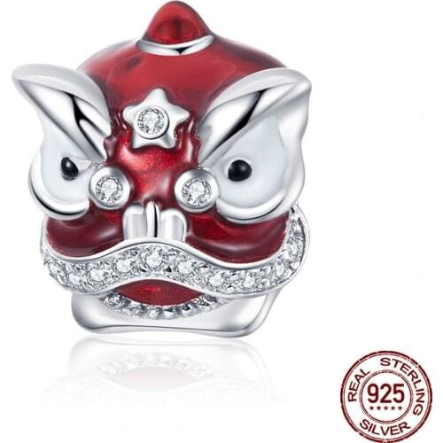 Chinese element red dance Lion CZ 925 Sterling Silver beads charm fit Pandora original bracelet necklace jewelry woman