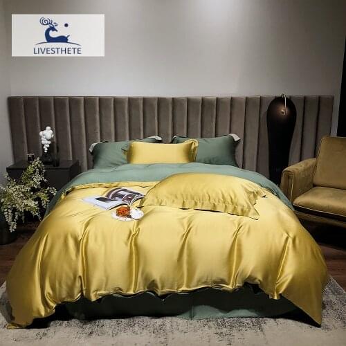 Liv-Esthete Women Yellow 100% Silk Bedding Set Beauty Silky Duvet Cover Flat Sheet Pillowcase Queen King Bed Linen Set For Home