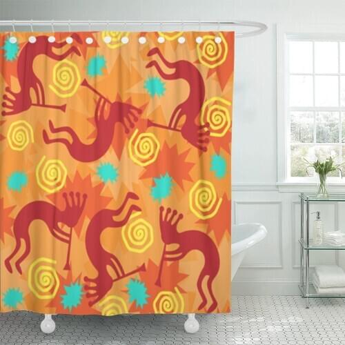 Brown Southwest of Kokopelli Trickster in Orange Pattern Aztec Shower Curtain Waterproof Fabric 72 x 78 Inches Set with Hooks