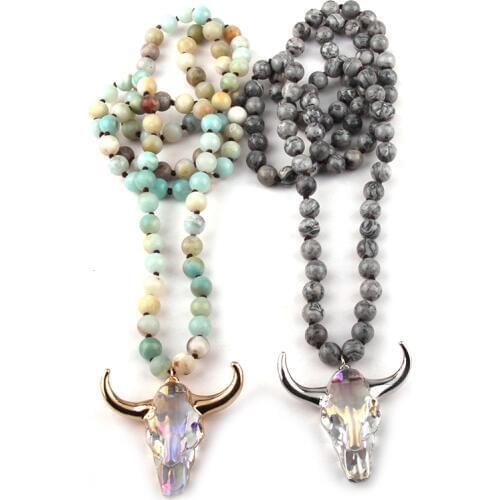 Fashion Bohemian Jewelry Semi Precious Stones Long Knotted Crystal Horn Pendant Necklaces For Women Ethnic Necklace