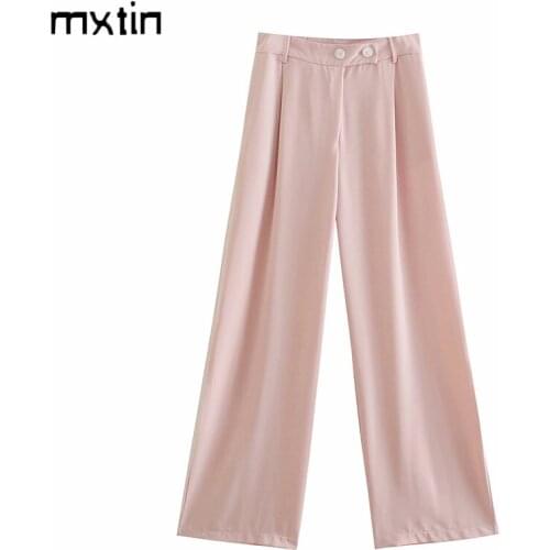 MXTIN 2021 Women Spring Vintage Pink Wide Leg Pants Fashion Zipper Fly Side Pockets Office Lady Female Ankle Trousers Vestidos