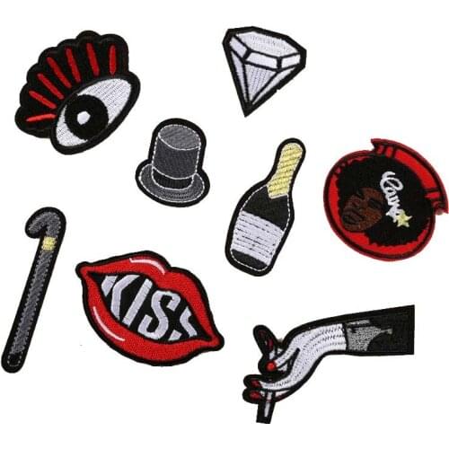 Black tide brand punk style lips wine bottle embroidery Iron On patches DIY for men coat badge on T-shirt pocket