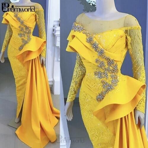 New Yellow Long Sleeves Evening Dresses 2020 Illusion Sheer Neck Lace Beaded Crystals Mermaid Prom Dress Arabic Formal Party