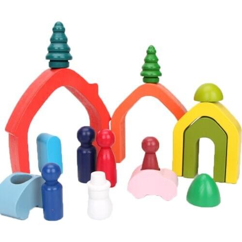 New 16PCS Wooden Rainbow Blocks House Tree Blocks Wood Rainbow Stacker Wooden Puzzle Stacking Toys For Kids Montessori Education