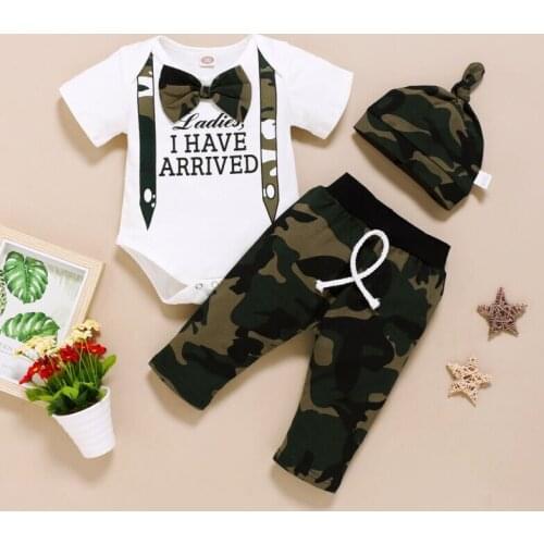Newborn Baby Boy Clothes Summer Short Sleeve Romper Jumpsuit + Camo Pants Leggings Hat Outfit