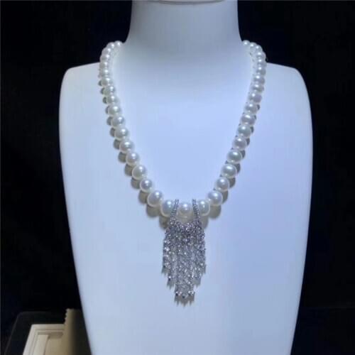 Freshwater pearl necklace white near round 8/9mm 46cm +white zircon pendant wholesale nature beads FPPJ