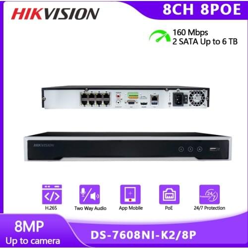 Hikvision NVR DS-7608NI-K2/8P 4K 8 CH 8 POE HDD Network Video Recorder H.265 For CCTV Cameras Video Surveillance System Outdoor