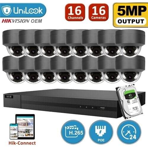 UniLook 16CH NVR 16Pcs 5MP Gray POE IP Cameras NVR kit Outdoor Security system 2.8mm Lens Motion Detection IR H.265 Onvif P2P