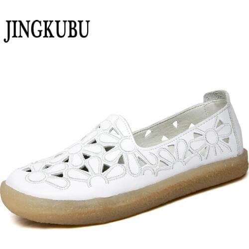 JINGKUBU Genuine Leather Women Flats Shoe Embroidery Female Shoe 2018 Spring Summer Shoes Woman Cut Out Hollow Out Casual Shoes