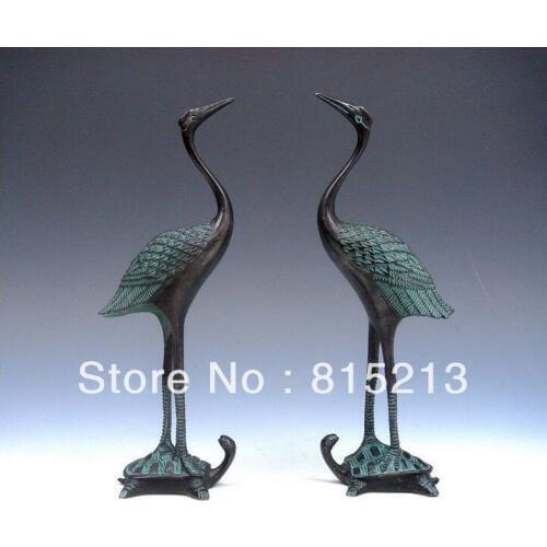 Wang 000148 Vintage Pair Bronze Crafted Sculptures Crane Standing On Turtle