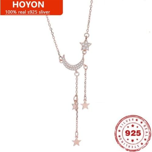 Real Sterling Silver S925 Star Moon Tassel Necklace Pendant For Women Simple Fashion Clavicle Chain Jewelry Valentines Day Gift