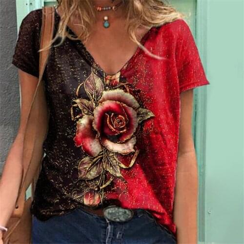 3d Rose Flower Print Women T Shirt 2021 New Summer Casual Short Sleeve V-neck Loose Oversized Tops Ladies Large Size 5xl Clothes