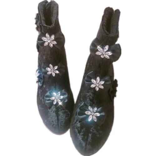 Velvet round head boots womens cotton shoes thick heel boots Bowknot Princess Kawaii Girl Women Shoes Heavy-Bottomed High help