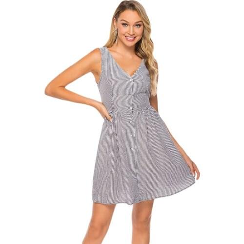 2021 Summer Dress Women Sleeveless Casual Stripe Dresses V Neck Button Mini Dress Female Above Knee Vintage Sundress For Lady