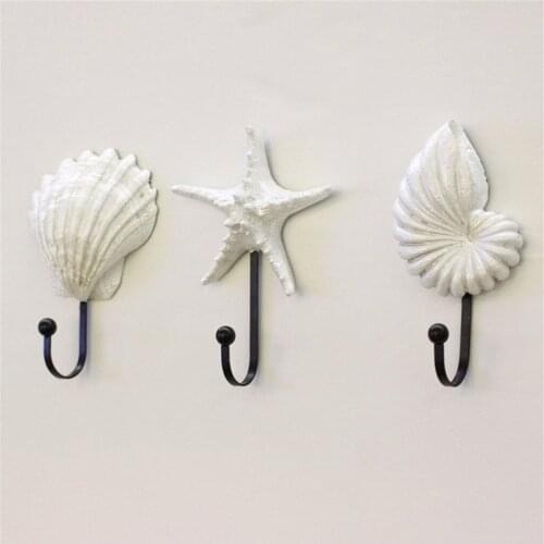 3pcs Creative Shell Wall Hooks Punch Strong Kitchen Hook Resin Mediterranean Style Sea Star Decor Scallop Conch Coat Hanger