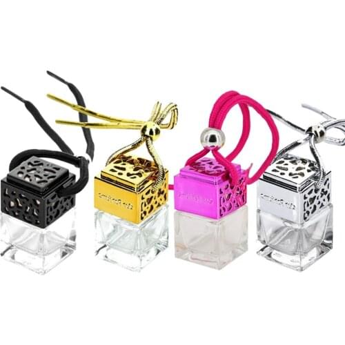 4Pcs 8ml Empty Square Perfume Glass Bottle Pendant Hollow-Out Essential Oil Sub Bottle Car Hanging Pendant (Golden + Silver + Bl