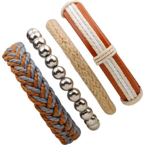 4pcs/set Hippie Punk Brown Grey White Beige Tan Hemp Cord Wrap Knots Leather Band Layers Stackable Wide Bracelets bangle for man