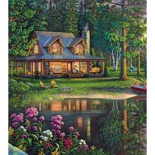 5D DIY Diamond Painting Landscape Picture Waterside Wooden House Landscape Picture Square/Round Diamond Cross Stitch Decor TX190