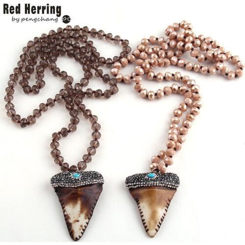 Free Shipping Long Crystal Glass Knotted Pave Crystal Teeth Pendant Necklaces