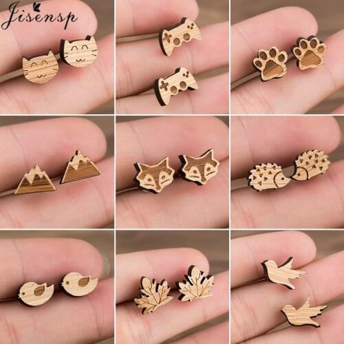 Bohemia Ethnic Wooden Stud Earrings for Women Jewelry Handmade Paw Puzzle Leaf Wave Small Earring Unique Piercing Accessory 2021