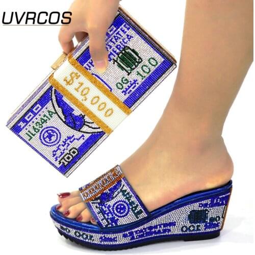 Italian Design Newest Fashion Special Fashiontable Style RoyalBlue Color Noble Women Shoes and Bag Set Decorated With Rhinestone