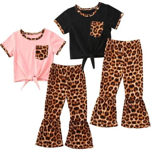 Kids Baby Girls 2Pcs Outfit Sets Short Sleeves Crop T Shirt Leopard Flare Bottom Pants Toddler Baby Girl Clothes Cotton T-Shirt