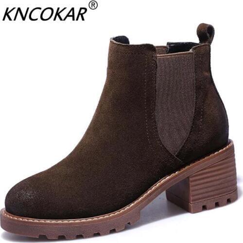 KNCOKAR Winter 2018 new short boots genuine leather thick and round head short boots womens boots sanding womens boots
