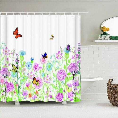 Colorful Beautiful Flowers Butterflies Dragonfly Prints Shower Curtain Waterproof Bathroom Decoration Home Decoration