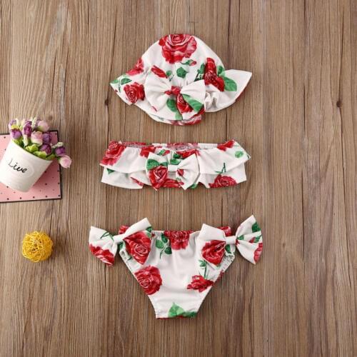 0-24 Months Newborn Girls Swimsuits 3pcs Set 2020 Summer Baby Girl Bikini Set Red Blue Floral Print Swimsuit Girls Swimming Suit