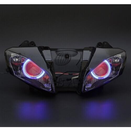 Motorcycle Custom Headlight Projector Assembly HID White Angel Eyes Red Demon Eyes Head Lamp For Yamaha YZF-R6 2006-2007