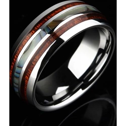 8mm Men Rings Stainless Steel Wood Abalone Shell Inlay Rings Wedding Birthday Party Gift For Men Jewelry Accessories