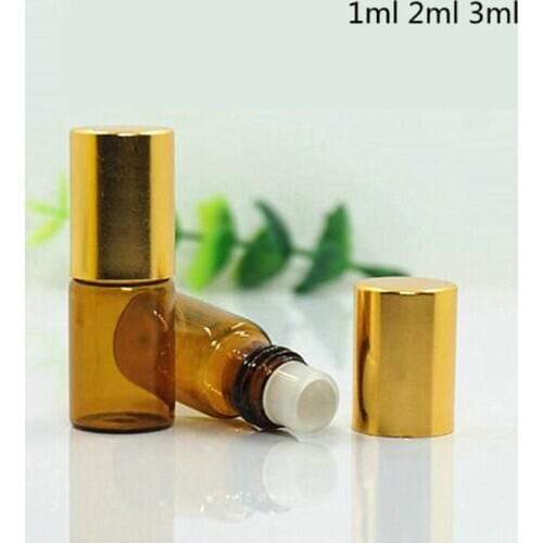 Wholesale 10ps/lot 1ml 2ml 3ml Amber Clear container mini flacon Essential Oil Glass Roll-On refillable Bottles with golden cap