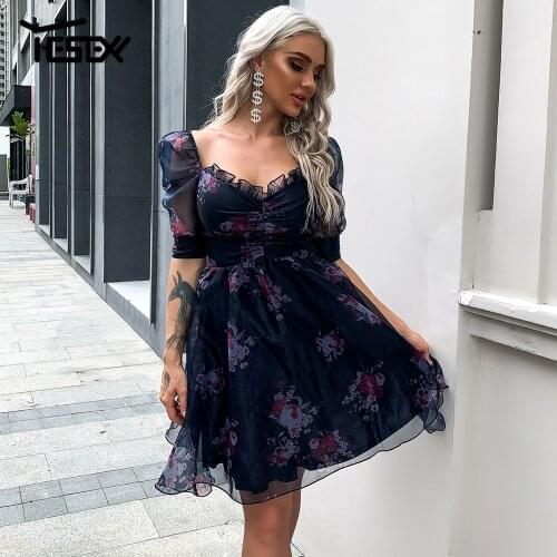 Yesexy 2021 Sexy Puff Sleeve Floral Print Mini Dress Women Ruffles Mesh Summer Casual Dress Elegant Party Dress for Women M0620